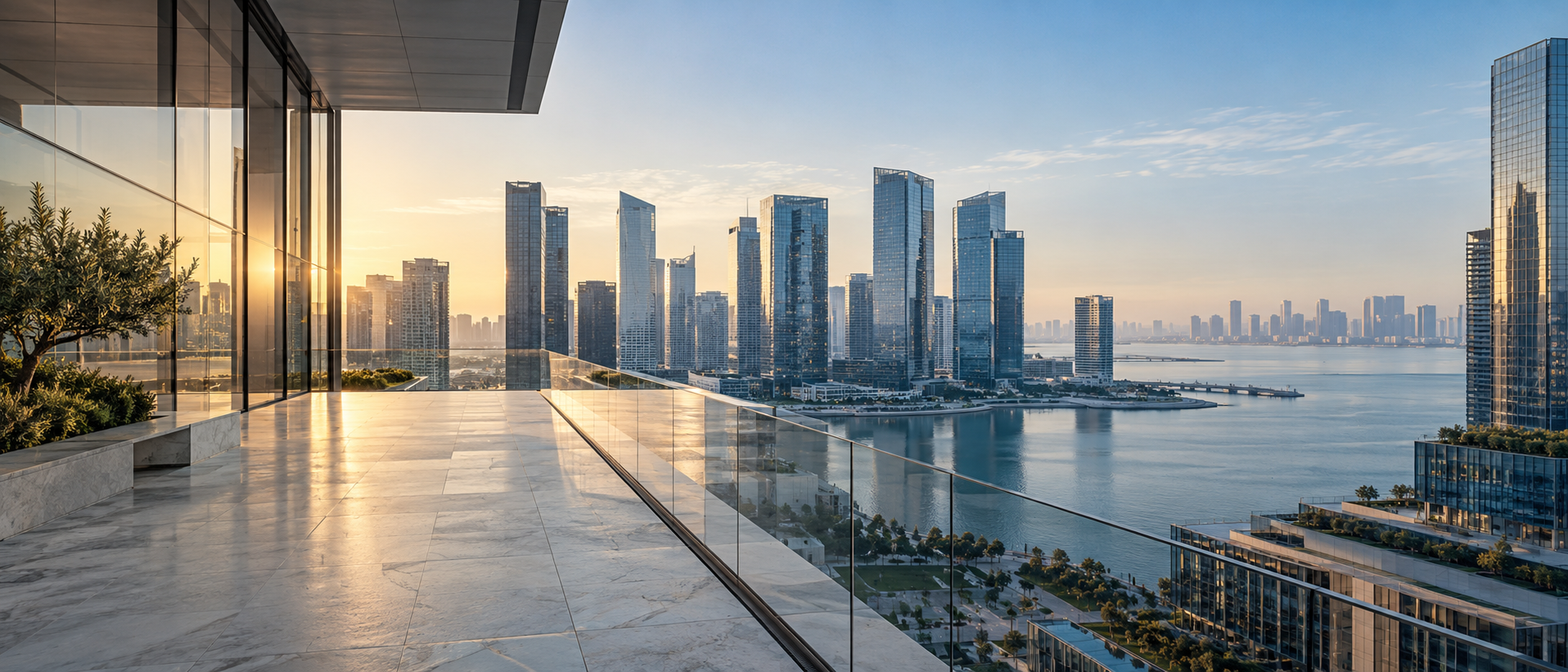 Modern city skyline at sunrise seen from a glass terrace